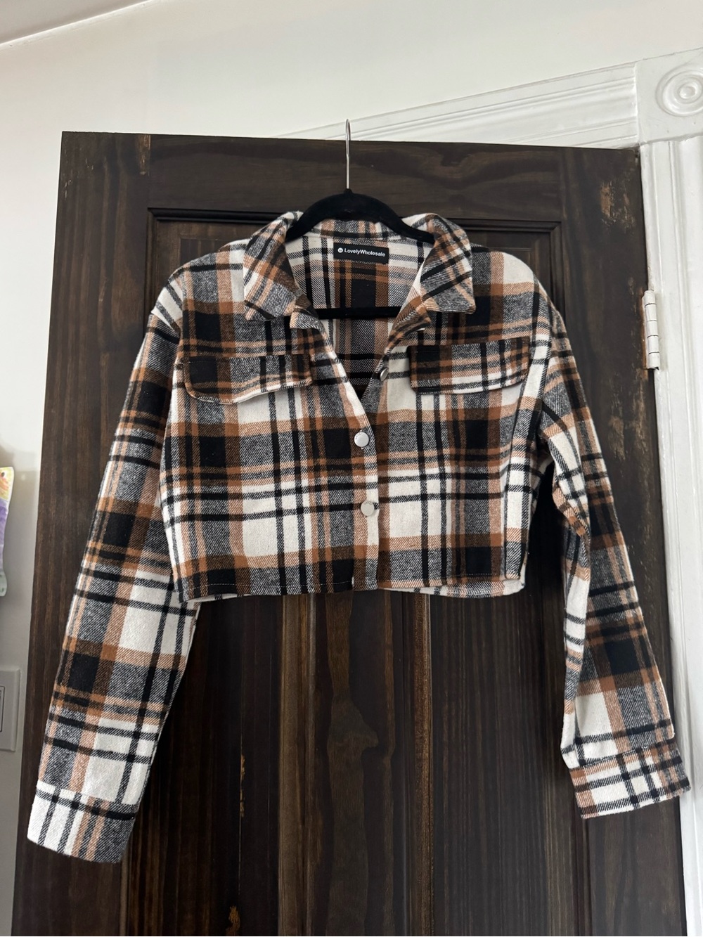 Cropped Plaid Button-Up Jacket - Brown & White